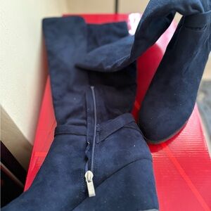 Women's Black Suede Knee-High Heeled Boots with Side Zip